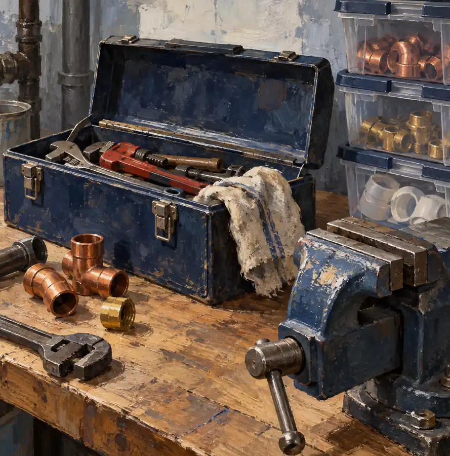 Illustration of plumbing businesses equipment and workspace