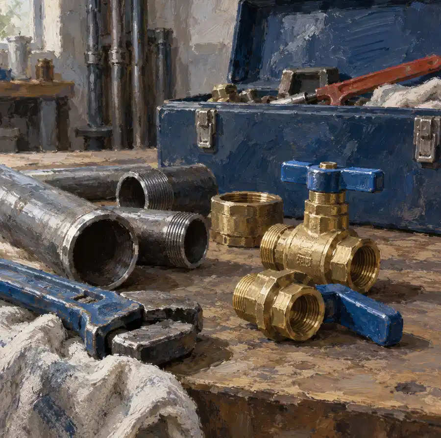 Illustration of plumbing businesses equipment and workspace